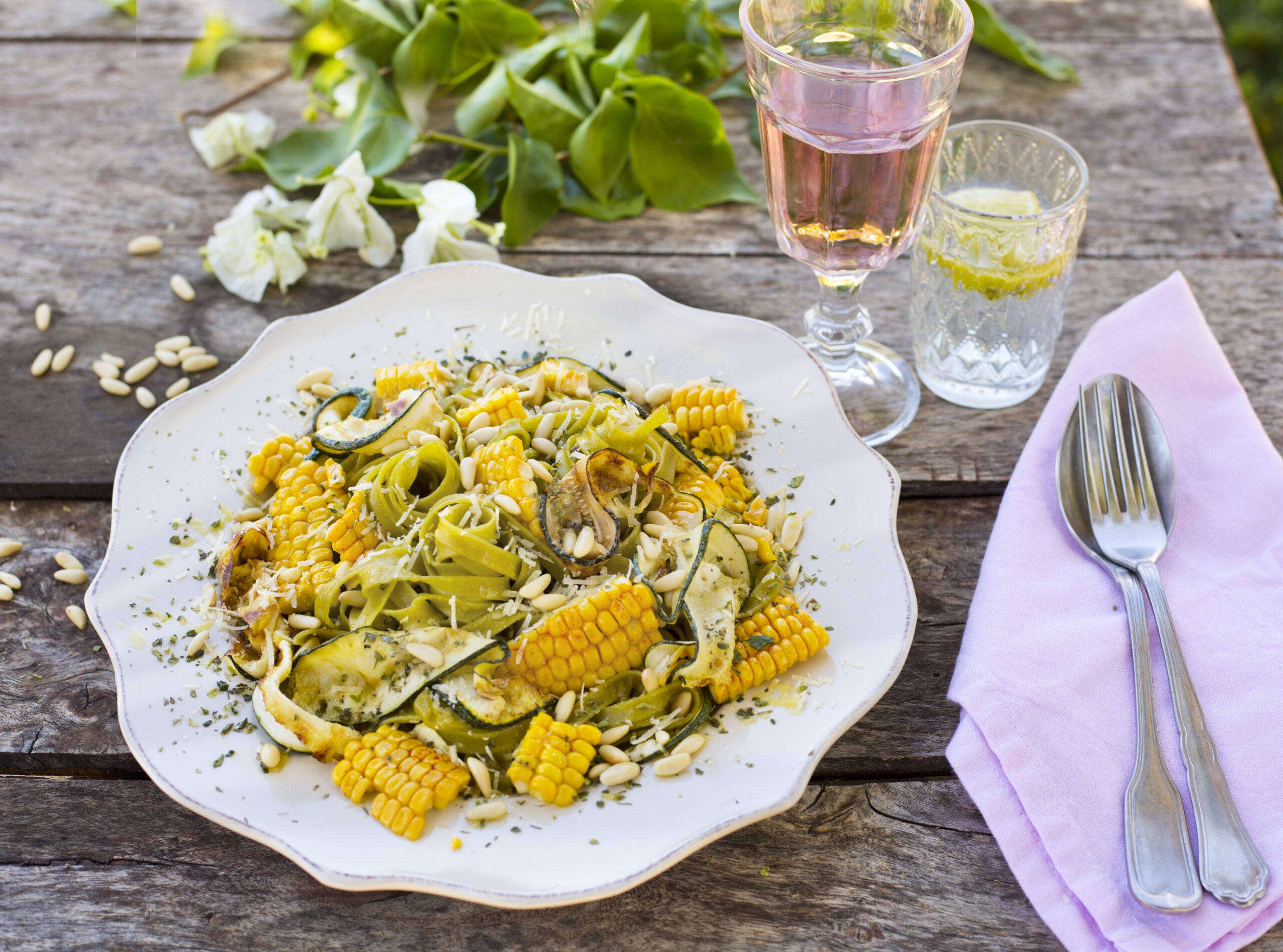 SPINACH TAGLIATELLE WITH GRILLED COURGETTE, CORN AND TOASTED PINE NUTS